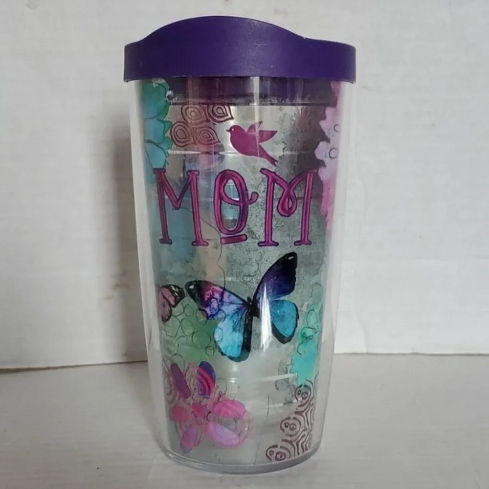 Tervis Mom 16 oz Travel Tumbler Cup Mug Floral Butterfly Purple BPA FREE PLASTIC